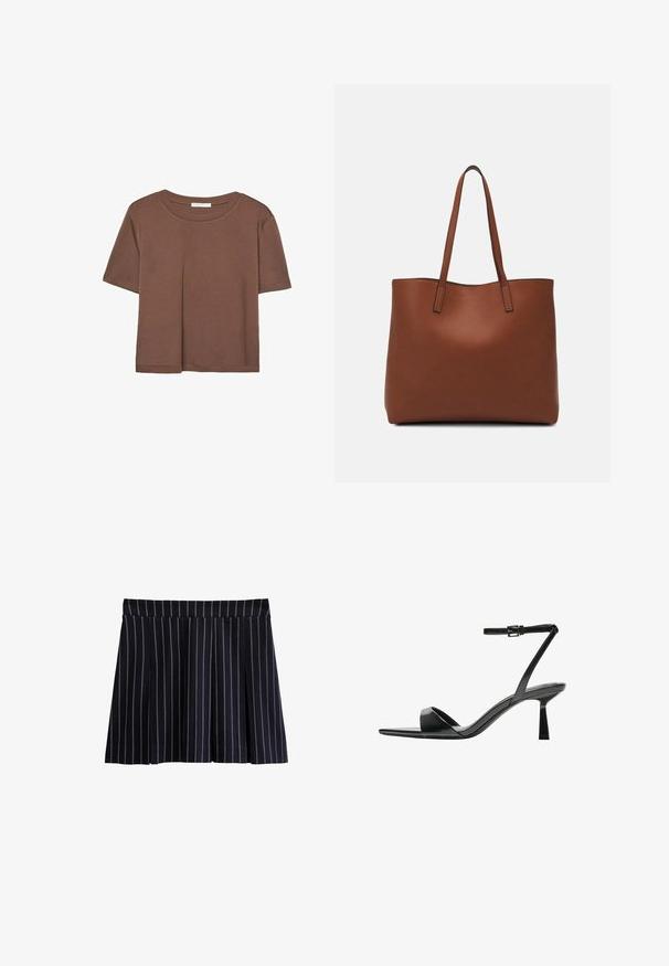 Braunes, kurzärmliges T-Shirt aus weichem Material mit rundem Halsausschnitt und lockerer Passform. Keine sichtbaren Muster oder Akzente.; Marine-blauer, gefalteter Rock mit vertikalen weißen Streifen, flachem Taillengummi und weicher Textur. Der Saum endet auf Oberschenkelhöhe. Keine Taschen oder sichtbare Verschlüsse.; Bershka High Heel Sandalette - black; Braune Leder-Tote mit glatter Textur, offenem Oberteil und zwei Schulterriemen. Verfügt über minimale Nähte und keine sichtbaren Beschläge.