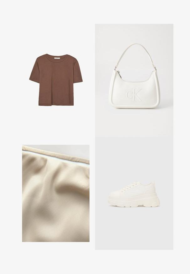 Braunes, kurzärmliges T-Shirt aus weichem Material mit rundem Halsausschnitt und lockerer Passform. Keine sichtbaren Muster oder Akzente.; Beige Stoff mit einer glatten Textur, der subtile Falten und einen kontrastierenden weißen Reißverschluss entlang der oberen Kante aufweist.; Weiße Leinensneaker mit einer massiven Sohle, abgerundeter Spitze und fünf Ösen für Schnürsenkel. Hinterer Tab für ein einfaches Anziehen. Glatte Textur, minimalistisches Design.; Weiße Lederhandtasche mit abgerundeter Form, ausgestattet mit einem geprägten "CK"-Logo auf der Vorderseite und einem Einzel-Schultergurt. Reißverschluss oben.