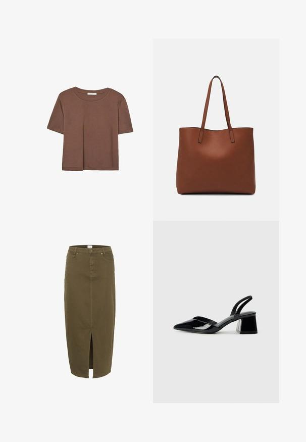 Rjava kratka majica s kratkimi rokavi iz mehkega materiala, s krožnim izrezom in ohlapnim krojem. Brez vidnih vzorcev ali dodatkov.; Oljčno zelena denim krilo, dolžine do kolen z sprednjim razporkom, z zankami za pas in dvema sprednjima žepoma, ki vključuje subtilne šivane detajle.; Črne lakirane slingback pete s koničastim nosom in geometrijsko blokasto peto. Imajo eleganten, minimalističen dizajn in gladko teksturo.; Rjava usnjena torba z gladko teksturo, odprto zasnovo zgoraj in dvema naramnima trakovoma. Opremljena je z minimalnim šivanjem in brez vidnih kovinskih delov.