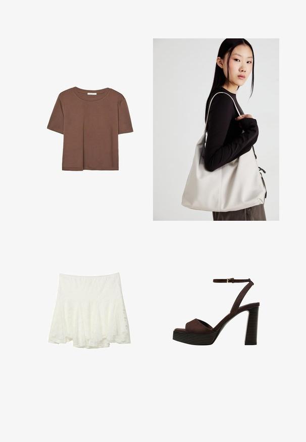 Brun kortærmet t-shirt lavet af blødt stof, med rund halsudskæring og afslappet pasform. Ingen synlige mønstre eller detaljer.; Stradivarius FITTING - A-snit nederdel - white; Brune ruskinds højhælede sandal med åben tå, justerbar ankelrem og en stribet plade sål.; Beige håndtaske lavet af blødt materiale med et slouchy design, stikninger og to skulderremme. Velegnet til daglig brug.