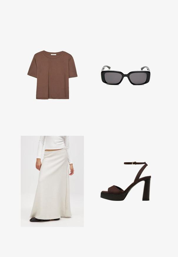 Brun kortärmad t-shirt i mjukt tyg, med rund halsringning och avslappnad passform. Inga synliga mönster eller detaljer.; Lång vit texturerad kjol med omslagsdesign, tillverkad av ett mjukt tyg och med en flödande silhuett, tillsammans med mörka platta skor.; Bruna mocka högklackade sandaler med öppen tå, justerbar vristrem och en randig plattformssula.; Svarta rektangulära solglasögon med mörka linser, slimmad plastbåge och böjda tempel. Designen är kraftig med en minimalistisk estetik.