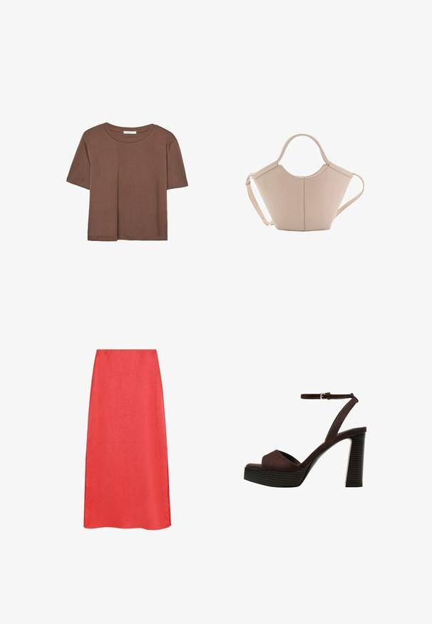Korte mouwen T-shirt in bruin, gemaakt van een zachte stof, met een ronde halslijn en een relaxte pasvorm. Geen zichtbare patronen of accenten.; Rode midi-rok met een soepele textuur, voorzien van een lichte glans en een A-lijn silhoutte. Geen zichtbare patronen of hardwaredetails.; Bruine suède high-heeled sandaal met een open teen, verstelbare enkelband en een gestreepte plateauzool.; Beige leren handtas met een unieke vorm, voorzien van twee korte handvatten en een lange verstelbare schouderriem. Glad oppervlak met minimale hardware.