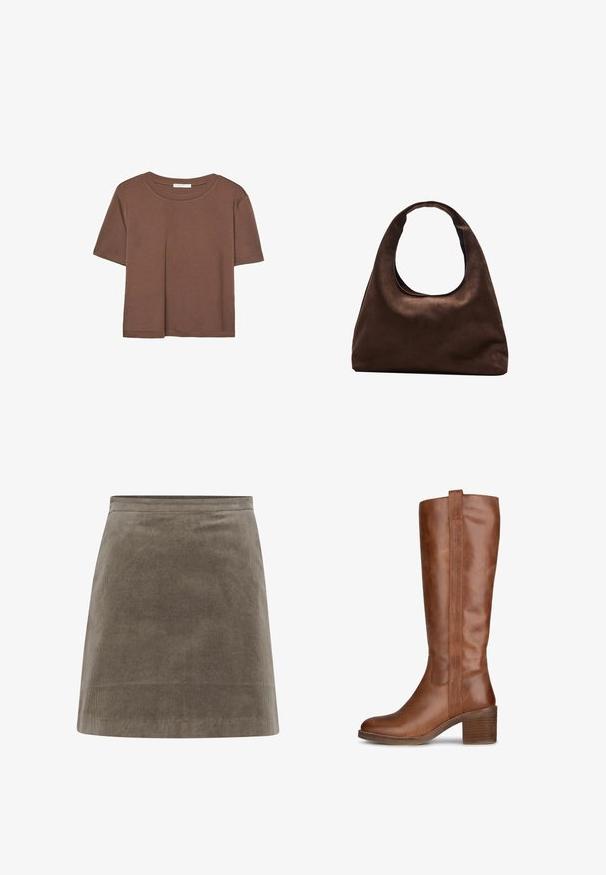 T-shirt marron à manches courtes en tissu doux, avec un col rond et une coupe décontractée. Aucun motif ni accent visible.; Jupe mini en velours côtelé kaki avec une forme droite, une texture lisse et une taille simple, présentant des lignes côtelées verticales sur toute sa surface.; Botte en cuir marron jusqu'au genou avec un bout arrondi, un talon empilé et des coutures le long des côtés. Texture lisse avec un design droit.; Sac à main en toile marron doux de style hobo avec une large sangle unique et une ouverture en haut arrondie, présenté sur un fond blanc.