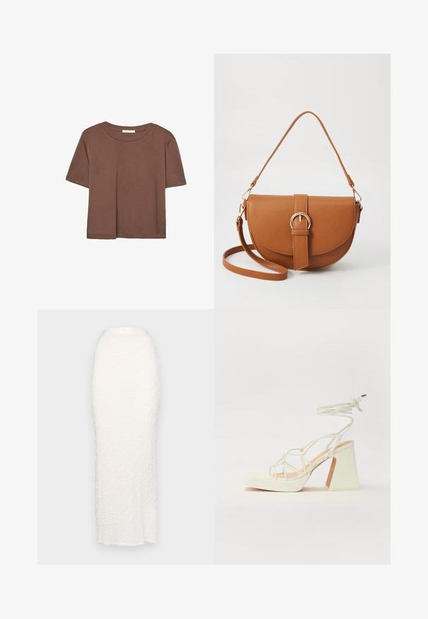 Maglietta a maniche corte marrone realizzata in tessuto morbido, con scollatura rotonda e vestibilità rilassata. Nessun motivo o dettaglio visibile.; Gina Tricot STRUCTURE MAXI SKIRT - Gonna lunga - white; Sandalo bianco con tacco alto, caratterizzato da un design a cinturini e un legaccio alla caviglia. Texture liscia con una piattaforma frontale per un'altezza aggiuntiva.; Borsa a tracolla in pelle marrone con forma curvata, hardware dorato e un dettaglio con fibbia. Presenta una tracolla rimovibile.
