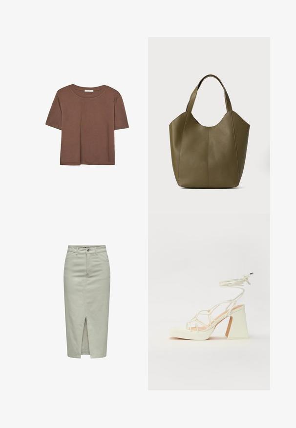 Korte mouwen T-shirt in bruin, gemaakt van een zachte stof, met een ronde halslijn en een relaxte pasvorm. Geen zichtbare patronen of accenten.; Lichtgroene denim midi rok met een voorkeursplit, vijf-pocket ontwerp, riemlussen en een enkele knoopsluiting. Glad oppervlak en aansluitende silhouet.; Witte hoge hakken sandaal met een chunky hak, met een bandjesontwerp en enkelband. Gladde textuur met een plateau voor extra hoogte.; Olijfgroene leren tote bag met dubbele straps, een gladde textuur en een ontwerp met vier panelen. Verstevigde stiksels langs de naden voor duurzaamheid.