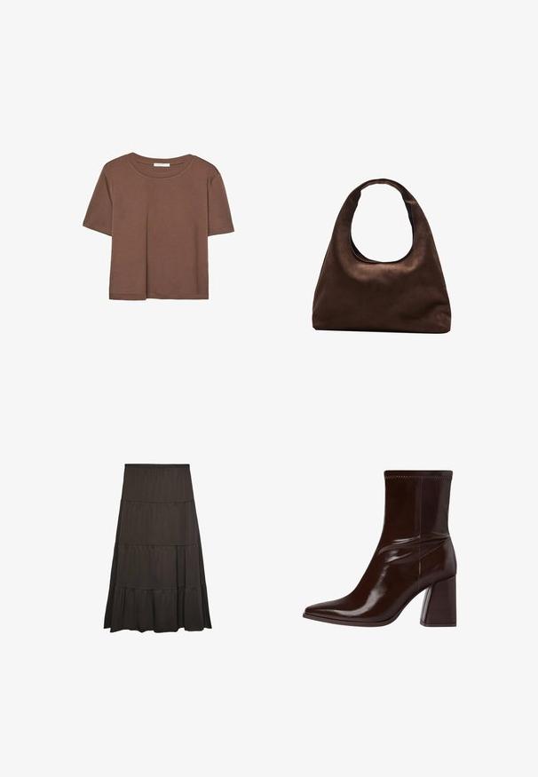 Brown short-sleeve t-shirt made of soft fabric, with a round neckline and relaxed fit. No visible patterns or accents.; Dark brown, tiered maxi skirt made from soft fabric with an elastic waistband. Features three horizontal ruffles along the length.; Brown patent leather ankle boot with a pointed toe, elasticized ankle, and a chunky block heel. Sleek design with smooth texture.; Soft brown hobo-style handbag with a single wide strap and a curved top handle opening, displayed on a white background.