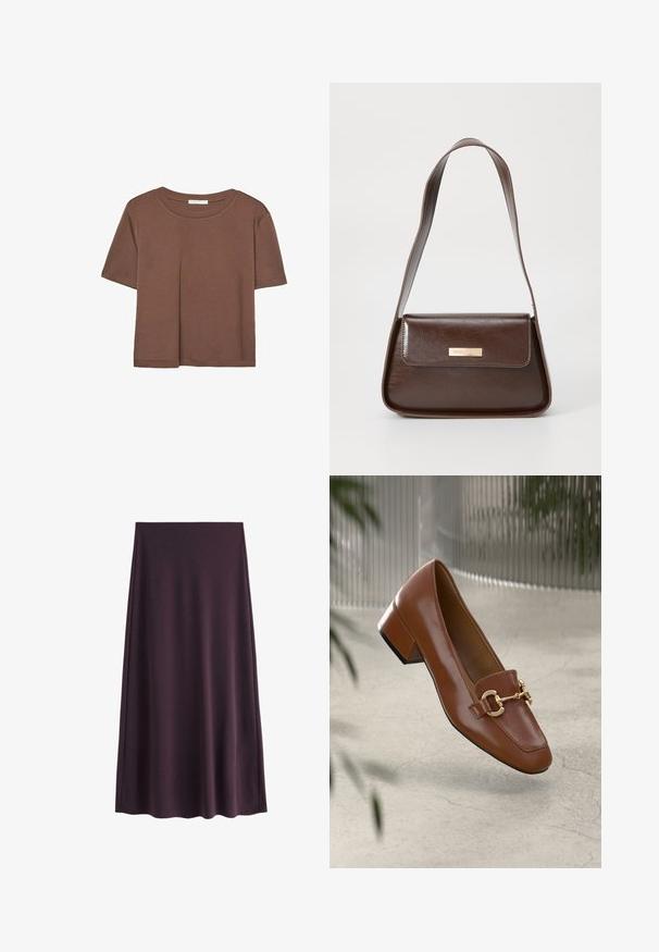 Brązowa koszulka z krótkim rękawem, wykonana z miękkiego materiału, z okrągłym dekoltem i luźnym krojem. Brak widocznych wzorów lub akcentów.; Fioletowa spódnica z gładkiego materiału, o kroju A-linii z długością do kolan, bez widocznych wzorów ani zapięć.; Brązowe lakierowane mokasyny z kwadratowym noskiem, metalowym łańcuszkiem i niskim blokowym obcasem; gładka faktura, minimalistyczny design.; Brązowa skórzana torba na ramię o wyraźnej formie, z magneticznym zapięciem w klapie i metalowym logo na przodzie.