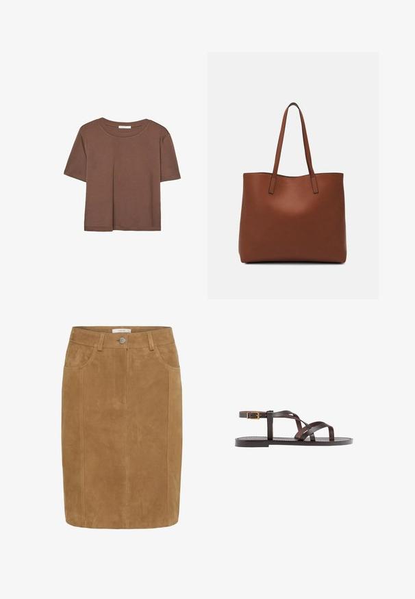 Rjava kratka majica s kratkimi rokavi iz mehkega materiala, s krožnim izrezom in ohlapnim krojem. Brez vidnih vzorcev ali dodatkov.; Rjav zamšasti svinčnik krilo z gladko teksturo, sprednjimi žepi, gumbom za zapiranje in vertikalnimi šivi.; Rjav usnjen sandal z načinom prečnega črta, zaklepom okoli gležnja in ravnim podplatom z minimalnimi šivi.; Rjava usnjena torba z gladko teksturo, odprto zasnovo zgoraj in dvema naramnima trakovoma. Opremljena je z minimalnim šivanjem in brez vidnih kovinskih delov.