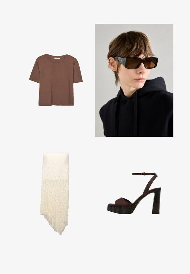 Braunes, kurzärmliges T-Shirt aus weichem Material mit rundem Halsausschnitt und lockerer Passform. Keine sichtbaren Muster oder Akzente.; Weißer, strukturierter Wickelrock mit asymmetrischem Saum, der ein gekräuseltes Muster aufweist, das allmählich von durchgehend zu halbtransparent übergeht.; Braune Wildleder-Pumps mit offenem Zeh, verstellbarem Knöchelriemen und gestreiftem Plateausohlen.; Schwarze oversized Sonnenbrille mit glänzender Oberfläche, rechteckiger Form, braun getönten Gläsern und goldfarbenem Logo-Detail an den Scharnieren.