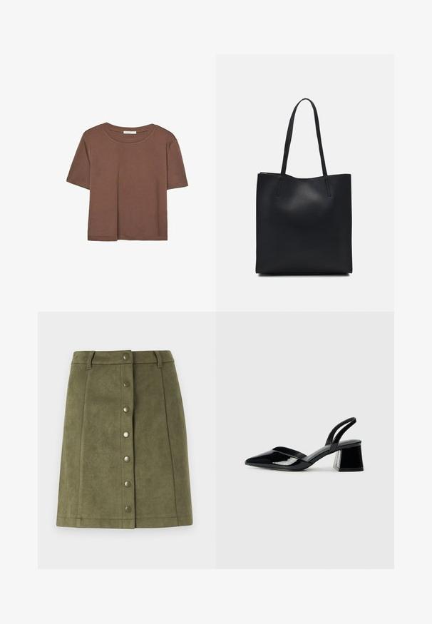 Hnedé tričko s krátkym rukávom vyrobené z jemného materiálu, s okrúhlym výstrihom a voľným strihom. Žiadne viditeľné vzory ani akcenty.; Olívová sukňa vyrobená z mäkkého materiálu podobného zamšovej koži. Obsahuje predné uzatváranie na gombíky z kovu a má rovný strih.; Čierne lakované kožené sandálové podpätky s špicatou špičkou a geometrickým blokovým podpätkom. Disponujú elegantným, minimalistickým dizajnom a hladkým povrchom.; Čierna kožená taška na rameno s hladkým povrchom, obdĺžnikovým tvarom a dvoma dlhými uchami. Bez viditeľného kovania alebo ozdôb.