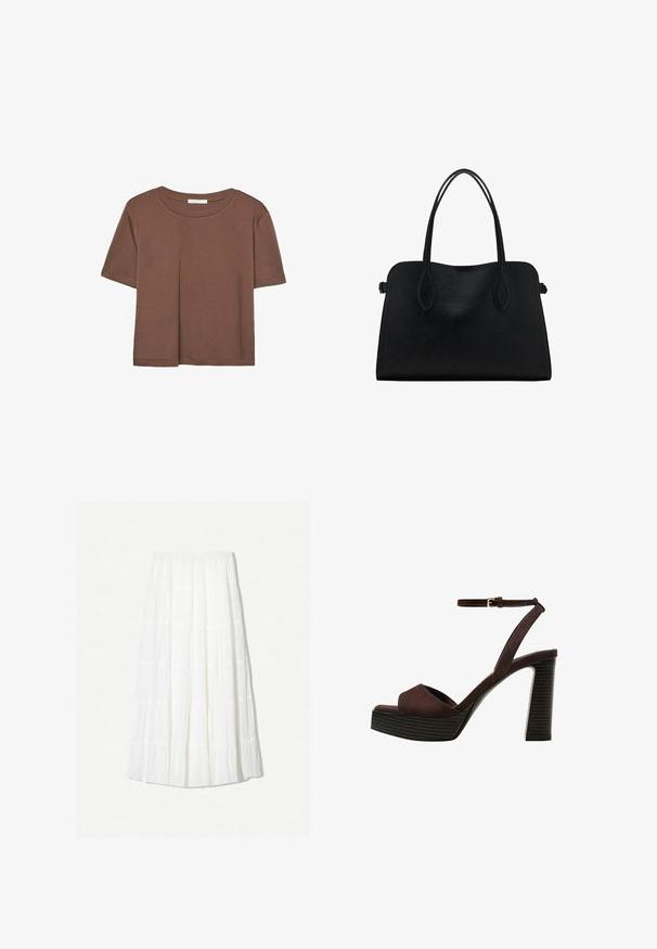 Braunes, kurzärmliges T-Shirt aus weichem Material mit rundem Halsausschnitt und lockerer Passform. Keine sichtbaren Muster oder Akzente.; Weiße Maxirüsche aus leichtem Stoff mit einem gestuften Design und horizontalen Nähten. Elastischer Bund mit fließendem Silhouette.; Braune Wildleder-Pumps mit offenem Zeh, verstellbarem Knöchelriemen und gestreiftem Plateausohlen.; Schwarze Lederhandtasche mit zwei Schulterriemen, rechteckiger Form und minimalistischem Design auf weißem Hintergrund.