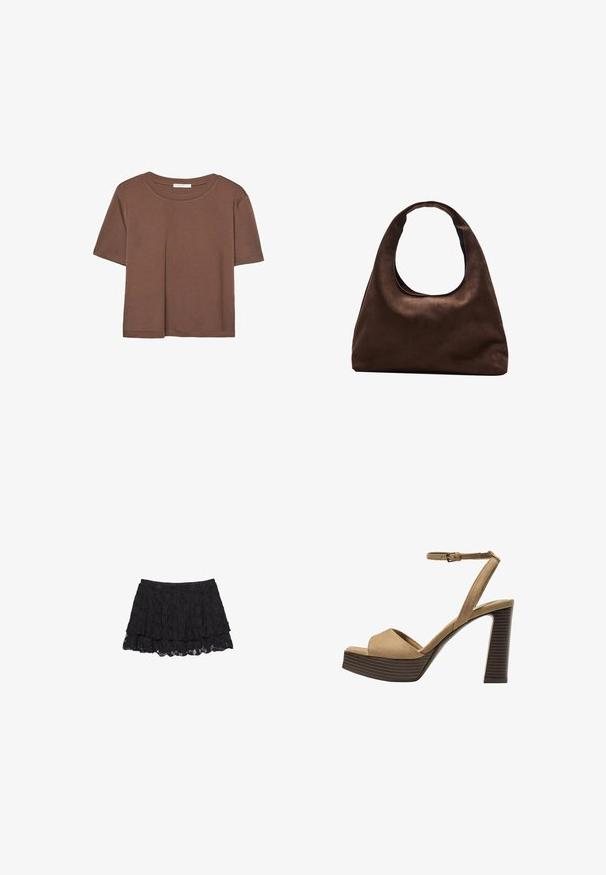 Maglietta a maniche corte marrone realizzata in tessuto morbido, con scollatura rotonda e vestibilità rilassata. Nessun motivo o dettaglio visibile.; Gonna in pizzo nero con un design a strati, caratterizzata da una superficie texturizzata e un orlo scalloppato. Vita elasticizzata per una vestibilità comoda.; Sandali con tacco alto in suede beige, con una larga fascetta anteriore e una fascetta alla caviglia, dotati di un tacco blocco in legno spesso con una finitura testurizzata.; Borsa hobo di un morbido marrone con una sola tracolla larga e un'apertura a manico curvo, esposta su uno sfondo bianco.