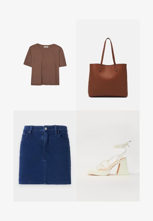 Hnedé tričko s krátkym rukávom vyrobené z jemného materiálu, s okrúhlym výstrihom a voľným strihom. Žiadne viditeľné vzory ani akcenty.; Džínová sukňa v tmavomodrej farbe s priliehavým strihom, predným zapínaním na gombíky a dvoma bočnými vreckami. Obsahuje viditeľné švy a rovný lem.; Biele sandále na vysokom opätku s hrubým podpätkom, s pruhovaným dizajnom a viazaním na členku. Hladký povrch s platformou vpredu pre zvýšenú výšku.; Hnedá kožená taška na rameno s hladkou textúrou, otvoreným vrchom a dvoma ramenými popruhmi. Má minimálne šitia a žiadne viditeľné kovania.