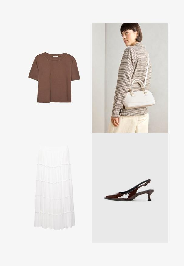 Hnědé tričko s krátkým rukávem vyrobené z měkké látky, s kulatým výstřihem a volným střihem. Bez viditelných vzorů nebo dekorací.; Bílá sukna ve vrstvách vyrobená z lehké tkaniny, s elastickým pasem, volánkovými vrstvami a splývavým designem, který sahá až k polovině tel. Zároveň je pohodlná a vzdušná.; Hnědé lakované kožené slingback boty s špičatou špičkou a mírným podpatkem. Disponují přezkou pro bezpečné upevnění. Hladký povrch.; Bílá strukturovaná kabelka s krátkými uchy a ramenním popruhem, zdobená zlatými kovovými prvky a texturovaným materiálem, vystavená na šedém pozadí.