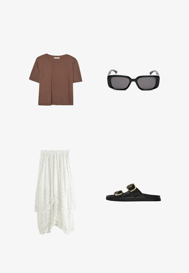 Brown short-sleeve t-shirt made of soft fabric, with a round neckline and relaxed fit. No visible patterns or accents.; White lace skirt with a layered design, elastic waistband, floral patterns, and scalloped hem. Lightweight, semi-transparent material.; Black slide sandal with two gold buckle accents, smooth textured material, flat sole, and a minimalist design.; Black rectangular sunglasses with dark lenses, smooth plastic frame, and curved temples. The design is chunky with a minimalist aesthetic.