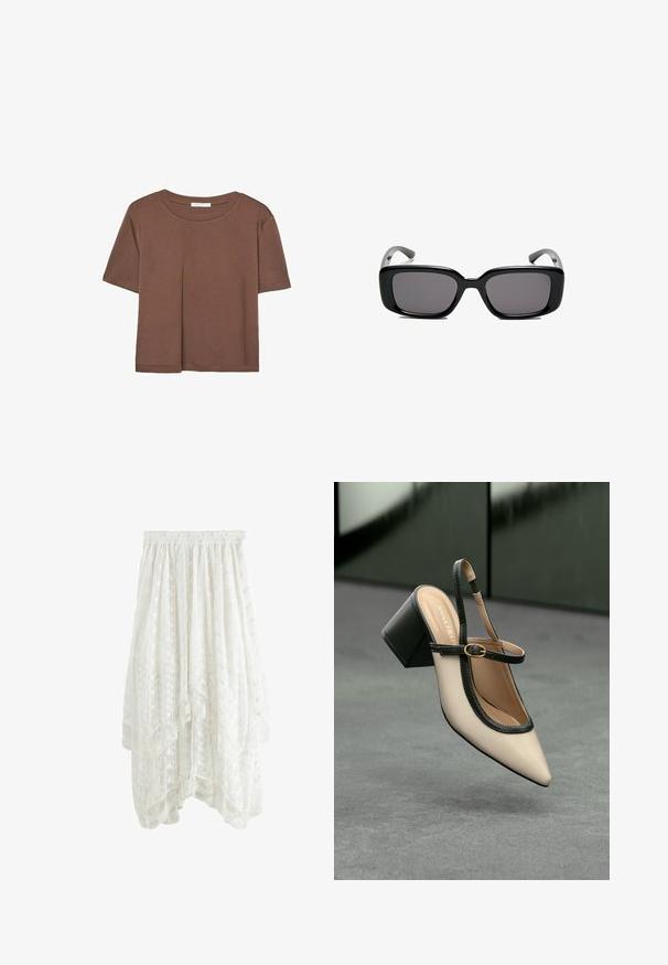 Maglietta a maniche corte marrone realizzata in tessuto morbido, con scollatura rotonda e vestibilità rilassata. Nessun motivo o dettaglio visibile.; Gonna bianca in pizzo con design a strati, vita elasticizzata, motivi floreali e orlo scallop. Materiale leggero e semi-trasparente.; Scarpa beige con punta a stivale, con rifiniture nere, fibbia dorata e tacco a blocco spesso su un pavimento grigio con sfondo verde scuro.; Occhiali da sole neri rettangolari con lenti scure, montatura in plastica liscia e tempie curve. Il design è voluminoso con un'estetica minimalista.; Borsa a mano in pelle bianca con un design strutturato, presente di un clasp magnetico e una tracolla, esposta su uno sfondo neutro.
