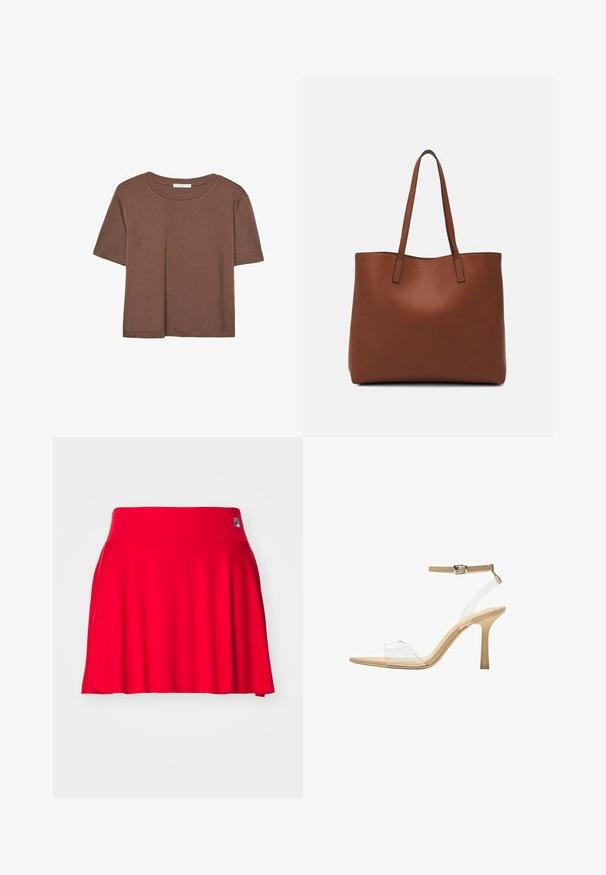 Brown short-sleeve t-shirt made of soft fabric, with a round neckline and relaxed fit. No visible patterns or accents.; Red knee-length skirt made of stretchy fabric with a smooth texture. Features a wide waistband and flared design. Brand logo on waistband.; Clear heeled sandal with a transparent upper, beige footbed, and a slender ankle strap. Features a pointed toe and a thin high heel.; Brown leather tote bag with a smooth texture, open top design, and two shoulder straps. Features minimal stitching and no visible hardware.