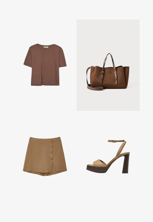Braunes, kurzärmliges T-Shirt aus weichem Material mit rundem Halsausschnitt und lockerer Passform. Keine sichtbaren Muster oder Akzente.; Brauner Wickelrock mit vier dekorativen Knöpfen, aus einem strukturierten Stoff, einem seitlichen Schlitz und einem verstellbaren Taillenbund.; Beige Wildleder-Pumps mit hohem Absatz, breitem Vorderband und Knöchelriemen, ausgestattet mit einem klobigen Holzblockabsatz mit strukturiertem Finish.; Braune Wildleder-Tote mit strukturierter Form, doppelten Ledergriffen, verstellbarem Schultergurt und goldfarbenen Hardware-Akzenten.