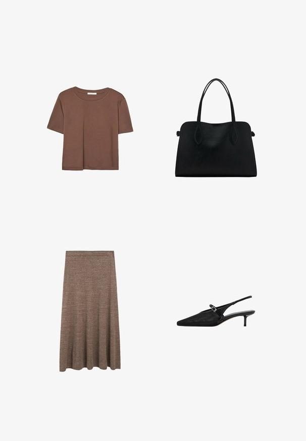 Korte mouwen T-shirt in bruin, gemaakt van een zachte stof, met een ronde halslijn en een relaxte pasvorm. Geen zichtbare patronen of accenten.; Bruine gebreide midi-rok met een vloeiende silhouette, uitgerust met een gladde elastische tailleband en een subtiele textuur doorheen.; Zwarte slingback hakken met puntige neuzen, een gestructureerde mesh bovenkant, slanke verstelbare band met zilveren gesp en 5 cm stiletto hakken.; Zwarte leren handtas met dubbele schouderriemen, rechthoekige vorm en minimalistisch ontwerp op een witte achtergrond.