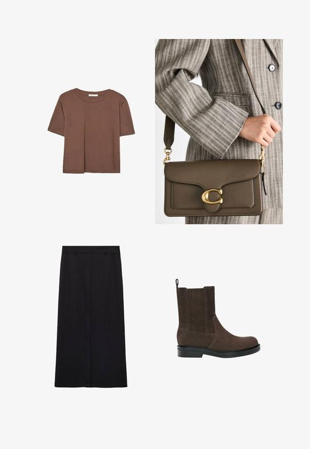 T-shirt marron à manches courtes en tissu doux, avec un col rond et une coupe décontractée. Aucun motif ni accent visible.; Jupe midi noire avec des rayures verticales blanches, une taille, et une silhouette droite. Fabriquée en tissu lisse avec un léger éclat.; Bottines en suède marron avec un bout rond, des panneaux latéraux en élasthanne et un dos texturé. Elles possèdent une semelle plate en caoutchouc et une languette.; COACH TABBY SHOULDER BAG 26 - Sac à main - dark stone
