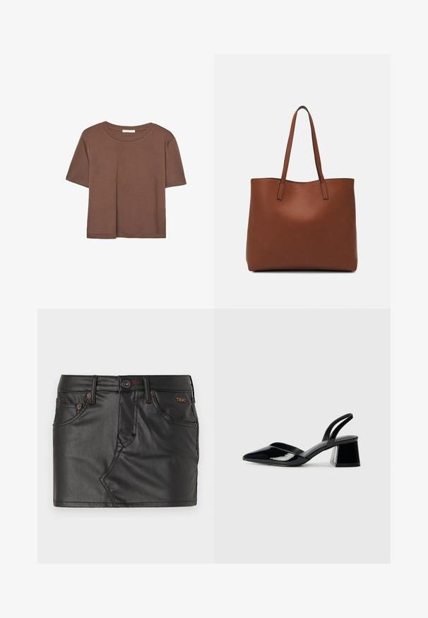 Rjava kratka majica s kratkimi rokavi iz mehkega materiala, s krožnim izrezom in ohlapnim krojem. Brez vidnih vzorcev ali dodatkov.; Črna mini krilo iz umetnega usnja s prileganjem, sprednjimi žepi in bronastimi kovinskimi dodatki. Ima vidno šivanje za teksturo.; Črne lakirane slingback pete s koničastim nosom in geometrijsko blokasto peto. Imajo eleganten, minimalističen dizajn in gladko teksturo.; Rjava usnjena torba z gladko teksturo, odprto zasnovo zgoraj in dvema naramnima trakovoma. Opremljena je z minimalnim šivanjem in brez vidnih kovinskih delov.