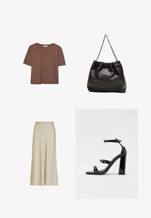 Smeđi kratki rukav majica od mekog materijala, s okruglim izrezom i opuštenim krojem. Nema vidljivih uzoraka ili naglasaka.; Bežena maksi suknja od satena s glatkom teksturom, A-linija silueta i struk koji nježno prelazi prema rubu, stvarajući suptilnu draperiju.; Crne lakirane sandale na pete sa kvadratnim nosom, trakama oko gležnja i srebrnim kopčama. Imaju čvrst blok petu za stabilnost.; Smeđa kožna torba s naboranim vrhom i lančićem za nošenje. Glatka tekstura s sjajnim završetkom i suptilnim šavnim detaljima sa strane.