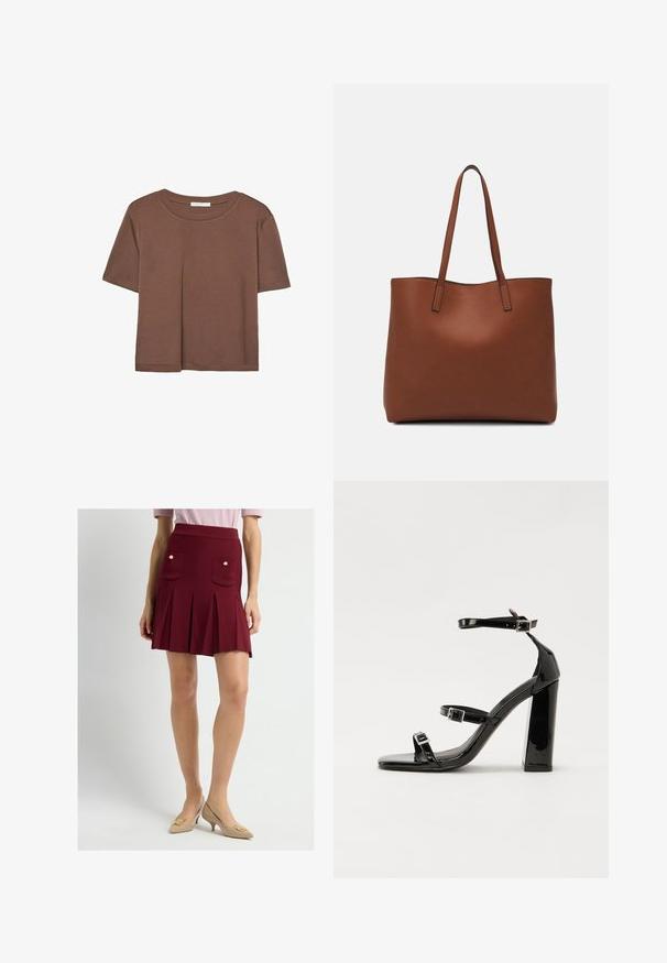 Brun kortærmet t-shirt lavet af blødt stof, med rund halsudskæring og afslappet pasform. Ingen synlige mønstre eller detaljer.; Rød, plisseret miniskirt med høj talje, der har to frontlommer prydet med guldknapper. Sammen med beige, spidse hæle.; Sorte patenterede hælsandaler med firkantet tå, ankelremme og sølvspænder. Har en chunky blokHæl for stabilitet.; Brun læder tote taske med en glat overflade, åben topdesign og to skulderremme. Har minimal syning og ingen synlig hardware.