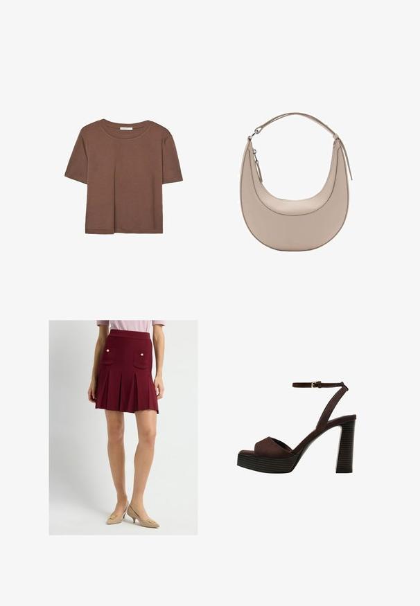 Korte mouwen T-shirt in bruin, gemaakt van een zachte stof, met een ronde halslijn en een relaxte pasvorm. Geen zichtbare patronen of accenten.; Rode, geplooide mini-rok met een hoge tailleband, voorzien van twee voorkruisjes versierd met gouden knopen. Vergezeld van beige, puntige hakken.; Bruine suède high-heeled sandaal met een open teen, verstelbare enkelband en een gestreepte plateauzool.; Beige leren schoudertas met een halve maanvorm, een soepele textuur en een enkele gebogen handgreep. Voorzien van een ritssluiting en nette stiksels.