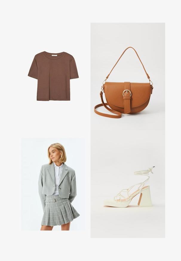 Korte mouwen T-shirt in bruin, gemaakt van een zachte stof, met een ronde halslijn en een relaxte pasvorm. Geen zichtbare patronen of accenten.; Grijze cropped blazer met een enkele knoop en een patchzak, gecombineerd met een grijze geruite geplooide rok met een riem en metalen gesp.; Witte hoge hakken sandaal met een chunky hak, met een bandjesontwerp en enkelband. Gladde textuur met een plateau voor extra hoogte.; Bruine leren schoudertas met een gebogen vorm, gouden hardware en een gespaccent. Bevat een afneembare schouderriem.