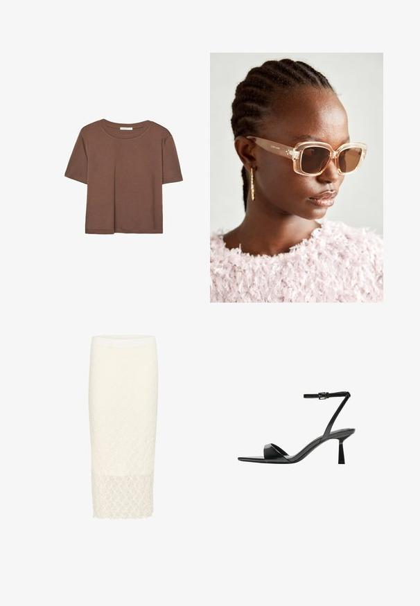 Hnědé tričko s krátkým rukávem vyrobené z měkké látky, s kulatým výstřihem a volným střihem. Bez viditelných vzorů nebo dekorací.; Bílá krajková tužková sukni s texturovaným květinovým vzorem, představující délku po kolena a solidní pas. Hladký lem na spodním okraji.; Bershka Sandály na vysokém podpatku - black; Béžové oversized sluneční brýle s transparentním rámem a hnědými skleněnými čočkami, které mají jemné květinové detaily a výrazný, geometrický design.