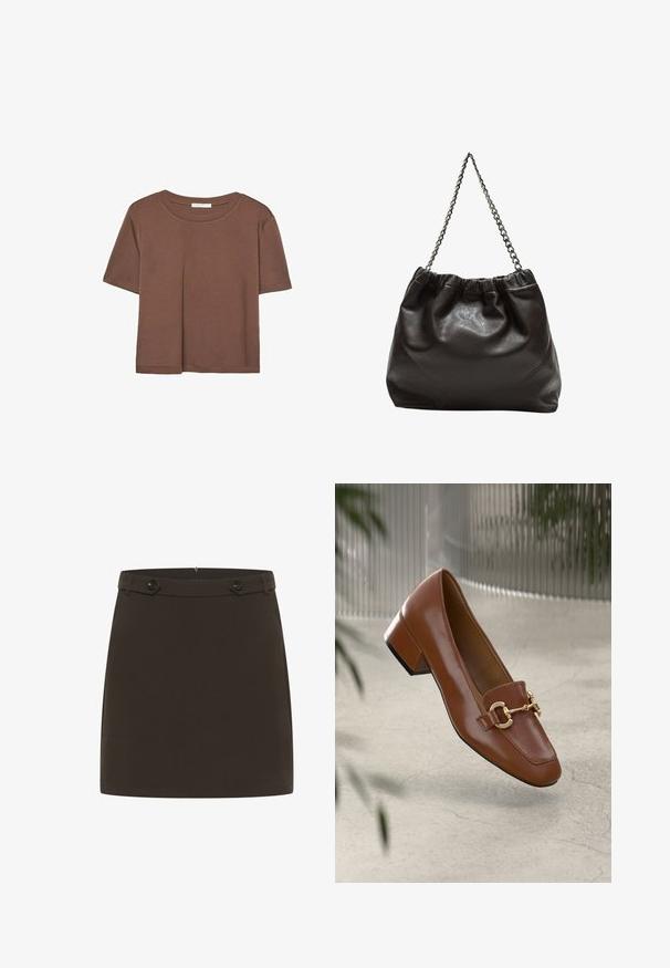 Brun kortärmad t-shirt i mjukt tyg, med rund halsringning och avslappnad passform. Inga synliga mönster eller detaljer.; Brun mini kjol i slät tyg. Har en åtsittande midja med två knappar fram. Enkel design, utan mönster eller ytterligare detaljer.; Brun lackläder loafer med fyrkantig tå, metallkedja som accent och låg blockklack; slät textur, minimalistisk design.; Brun läderväska med rynkad topp och kedjesnodd. Slät textur med en blankslipad yta och subtila sömdetaljer på sidorna.