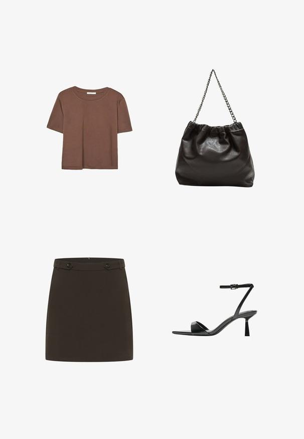 Braunes, kurzärmliges T-Shirt aus weichem Material mit rundem Halsausschnitt und lockerer Passform. Keine sichtbaren Muster oder Akzente.; Brauer Minirock aus glattem Stoff. Hat eine taillierte Passform mit zwei Knöpfen vorne. Schlichte Gestaltung, ohne Muster oder zusätzliche Akzente.; Bershka High Heel Sandalette - black; Braune Lederhandtasche mit gerafftem Oberteil und Kettenriemen. Glatte Textur mit glänzendem Finish und subtilen Nahtdetails an den Seiten.