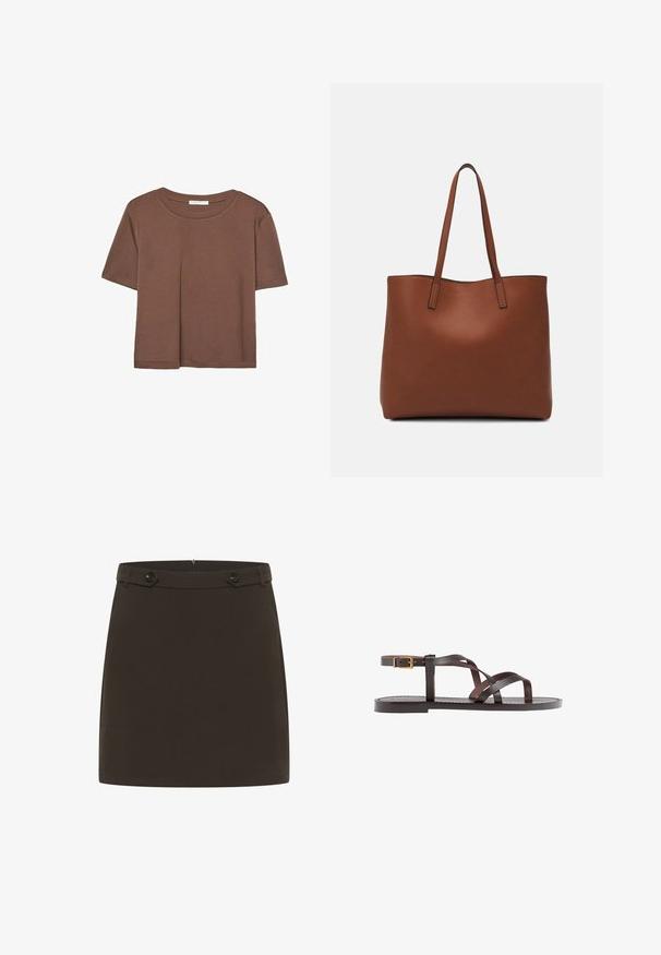 Hnědé tričko s krátkým rukávem vyrobené z měkké látky, s kulatým výstřihem a volným střihem. Bez viditelných vzorů nebo dekorací.; Hnědá mini sukně vyrobená z hladké tkaniny. Má přiléhavý pas s dvěma knoflíky na přední straně. Jednoduchý design, bez vzorů nebo dalších akcentů.; Hnědé kožené sandály s kříženými pásky, uzavřením na přezku u kotníku a plochou podrážkou s minimem švů.; Hnědá kožená taška přes rameno s hladkou texturou, otevřeným designem a dvěma ramenními popruhy. Obsahuje minimální švy a žádné viditelné kovové prvky.