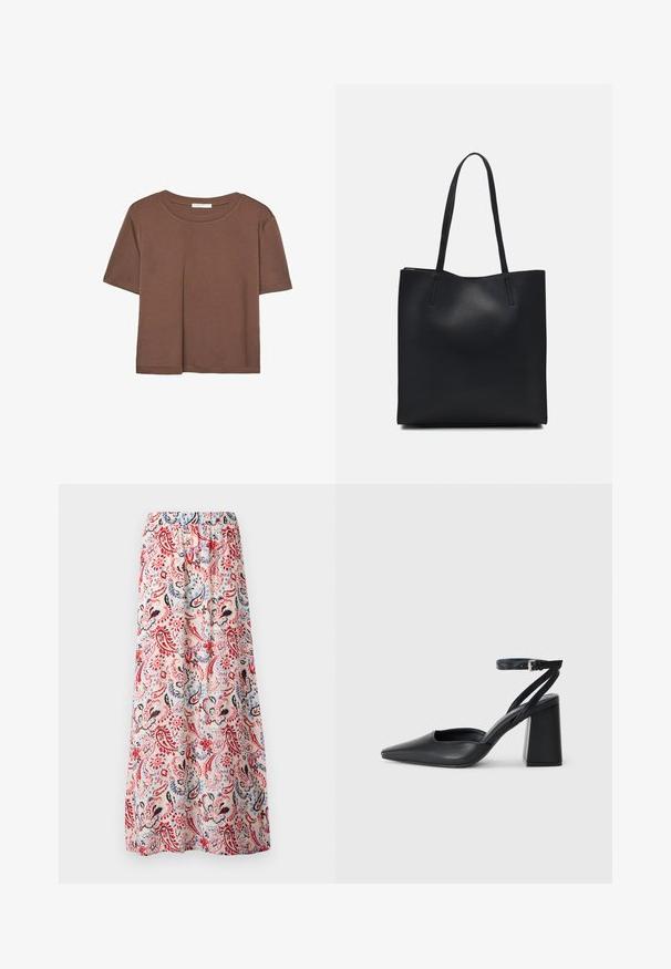 T-shirt marron à manches courtes en tissu doux, avec un col rond et une coupe décontractée. Aucun motif ni accent visible.; Jupe maxi florale, taille élastique, présentant un motif paisley multicolore avec des accents rouges, bleus et noirs sur un fond clair.; Escarpin noir en cuir à bout pointu avec une bride de cheville et un talon épais. Texture lisse, design élégant et esthétique minimaliste.; Sac fourre-tout en cuir noir avec une texture lisse, de forme rectangulaire et deux longues poignées. Pas de matériel ou d'ornementations visibles.