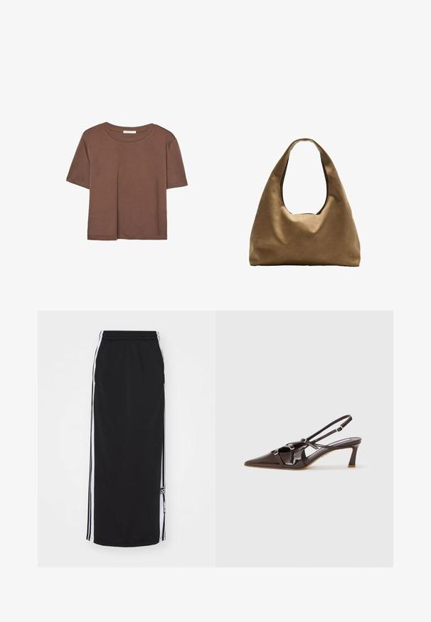 Brązowa koszulka z krótkim rękawem, wykonana z miękkiego materiału, z okrągłym dekoltem i luźnym krojem. Brak widocznych wzorów lub akcentów.; Czarna sportowa spódnica z białymi paskami po bokach, elastycznym paskiem w talii i detalem logotypu. Wykonana z oddychającego materiału, długość do kolan.; Brązowe lakierowane skórzane czółenka na odkrytej pięcie z ostrym noskiem, regulowanymi paskami i dekoracyjnymi klamrami z przodu. Wysokość obcasa 3 cale.; Brązowa torba na ramię z szerokim, zaokrąglonym kształtem i dużym wyciętym uchwytem. Miękka tekstura, minimalistyczny design i brak widocznych elementów metalowych.