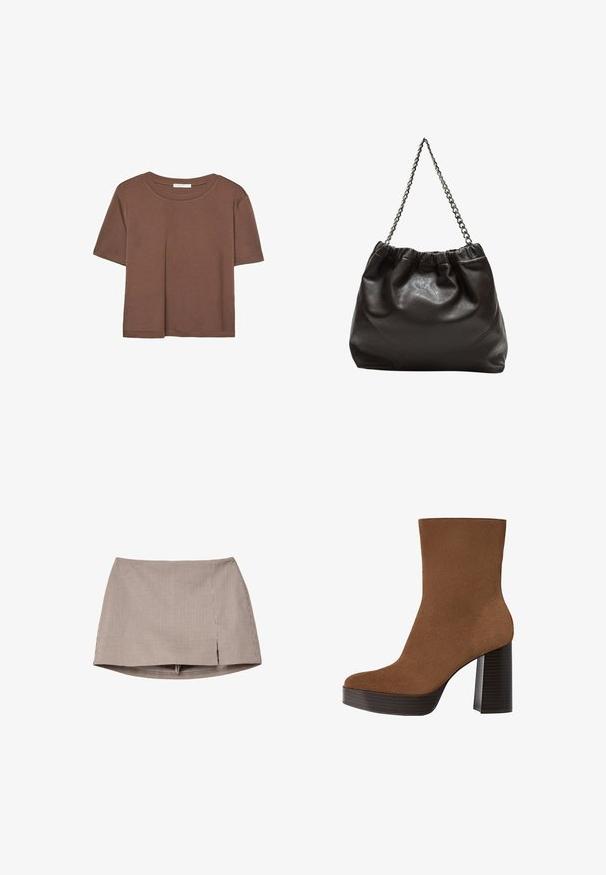 T-shirt marron à manches courtes en tissu doux, avec un col rond et une coupe décontractée. Aucun motif ni accent visible.; Mini-jupe à carreaux marron et blanc de petite taille avec une fente avant, présentée à plat sur un fond blanc.; Botte cheville en suède marron avec un bout rond, un large talon à rayures noires et une surface lisse. Présente un design ajusté sans quincaillerie visible.; Sac en cuir marron avec un haut froncé et une bandoulière en chaîne. Texture lisse avec une finition brillante et des coutures subtiles sur les côtés.