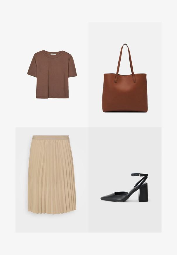 Braunes, kurzärmliges T-Shirt aus weichem Material mit rundem Halsausschnitt und lockerer Passform. Keine sichtbaren Muster oder Akzente.; Beige Faltenrock mit flachem Bund. Der Stoff ist glatt, mit vertikalen Falten und einem Saum mit gezacktem Rand. Elegantes und schlichtes Design.; Schwarze Leder-Pumps mit spitzer Zehe, einem Knöchelriemen und einem blockigen Absatz. Flache Textur, elegantes Design und minimalistische Ästhetik.; Braune Leder-Tote mit glatter Textur, offenem Oberteil und zwei Schulterriemen. Verfügt über minimale Nähte und keine sichtbaren Beschläge.