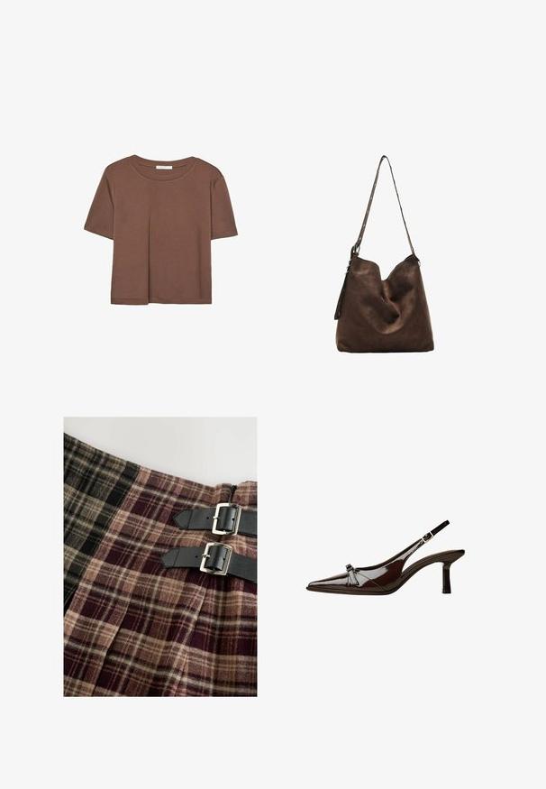 T-shirt marron à manches courtes en tissu doux, avec un col rond et une coupe décontractée. Aucun motif ni accent visible.; Jupe de style kilt en tissu tartan comportant des nuances de noir, beige et bordeaux. Comprend deux sangles en cuir noir avec des boucles en argent.; Chaussure slingback en cuir verni marron avec un bout pointu, un petit talon et un accent de nœud décoratif à l'avant. Texture lisse et brillante.; Sac hobo en suède marron avec un haut courbé, une longue bandoulière avec des accents de points, et une texture douce. Présente un design décontracté pour une utilisation informelle.