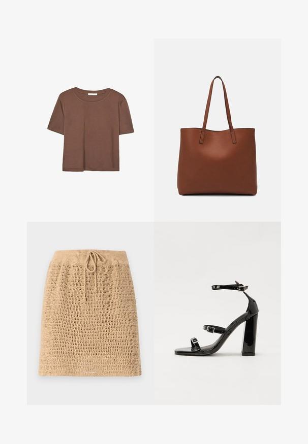 Braunes, kurzärmliges T-Shirt aus weichem Material mit rundem Halsausschnitt und lockerer Passform. Keine sichtbaren Muster oder Akzente.; Beige Strickrock mit einem strukturierten, offenen Maschenmuster. Verfügt über einen verstellbaren Kordelzugbund. Der Saum ist gerade.; Schwarze patentierte Sandalen mit Absatz, quadratischer Spitze, Knöchelriemen und silbernen Schnallen. Mit einem stabilen Blockabsatz für mehr Stabilität.; Braune Leder-Tote mit glatter Textur, offenem Oberteil und zwei Schulterriemen. Verfügt über minimale Nähte und keine sichtbaren Beschläge.