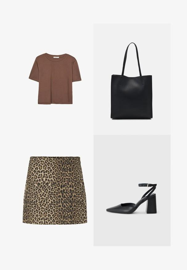 Smeđi kratki rukav majica od mekog materijala, s okruglim izrezom i opuštenim krojem. Nema vidljivih uzoraka ili naglasaka.; Mini suknja s uzorkom leoparda u bež i crnoj boji, napravljena od mekog materijala s glatkom teksturom i ravnim krojem, s jednostavnom elastičnom trakicom u struku.; Crne kožne cipele s špicastim vrhom, remenom oko gležnja i debelim potplatom. Ravna tekstura, elegantan dizajn i minimalistička estetika.; Crna kožna torba za nošenje s glatkom teksturom, pravokutnim oblikom i dvije duge ručke. Nema vidljivih metalnih dijelova ili ukrasa.