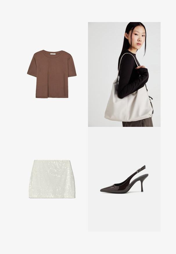 Smeđi kratki rukav majica od mekog materijala, s okruglim izrezom i opuštenim krojem. Nema vidljivih uzoraka ili naglasaka.; Bershka Suknja A kroja - white; Sandalice na visokom potpetici od sjajnog tamnosmeđeg lakiranog kože, s oštrim vrhom, otvorenim stranama i podesivom naramenicom.; Bežna torba od mekog materijala s opuštenim dizajnom, šivanim detaljima i dva remena za rame. Pogodna za svakodnevnu upotrebu.