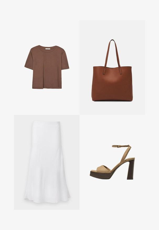 Kahvinsävyinen lyhythihainen t-paita, joka on valmistettu pehmeästä kankaasta. Pyöreä pääntie ja rento malli. Ei näkyviä kuvioita tai koristeita.; Valkoinen hame, jossa on virtaava A-linja, valmistettu kevyestä kankaasta. Sileä pinta, polvimittainen, jossa on yksinkertainen malli ilman kuvioita.; Beige-nahkareunaiset korkokengät, joissa on leveä etuolka ja ankle strap, varustettu paksulla puukengän korolla, jossa on tekstuuripinta.; Ruskea nahkainen olkalaukku, jossa on sileä pinta, avoin yläosa ja kaksi olkahihnaa. Omaavat vain minimaalisen ompelun eikä näkyvää metalliosaa.