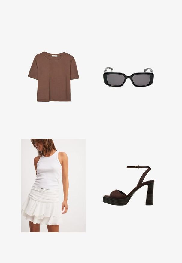Korte mouwen T-shirt in bruin, gemaakt van een zachte stof, met een ronde halslijn en een relaxte pasvorm. Geen zichtbare patronen of accenten.; Witte geribbelde tanktop gecombineerd met een gelaagde witte ruffleskirt. De rok heeft een gerimpeld ontwerp bij de taille.; Bruine suède high-heeled sandaal met een open teen, verstelbare enkelband en een gestreepte plateauzool.; Zwarte rechthoekige zonnebril met donkere lenzen, een gladde kunststof montuur en gebogen pootjes. Het ontwerp is robuust met een minimalistische esthetiek.