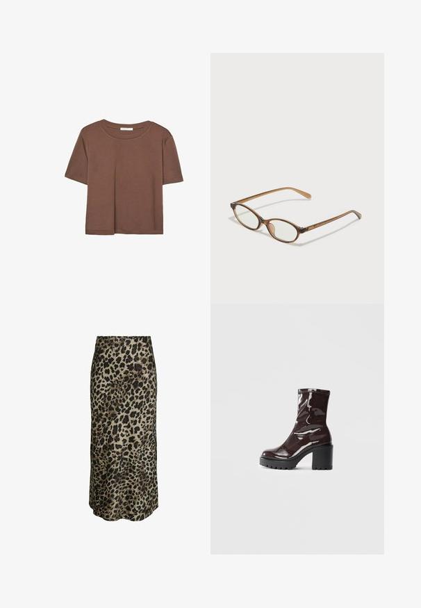Rjava kratka majica s kratkimi rokavi iz mehkega materiala, s krožnim izrezom in ohlapnim krojem. Brez vidnih vzorcev ali dodatkov.; Krilo midi v leopardjem vzorcu iz svilnate tkanine. Ima gladko teksturo, nevtralno bež ozadje z globokimi rjavimi in črnimi pikami.; Sijajan škrlatank z bleščečim videzom, z masivnim črnim peto, ki se ponaša z gladko teksturo in preprostim dizajnom. Brez vidnih zapenjal ali vzorcev.; Rjavo želvovina očala z ovalnimi lečami, tankimi ročaji in prosojnimi detajli. Imajo subtilen logo na templetu. Eleganten, lahek dizajn.; Rumeno usnjeno-usnje z vzorcem krokodila, s strukturiranim dizajnom, zgornjo ročajem, snemljivo verižico in dekorativnim kristalnim okrasjem na zaponki.