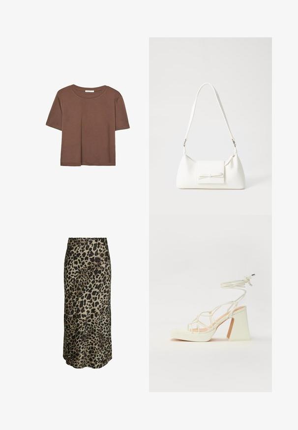 Brun kortærmet t-shirt lavet af blødt stof, med rund halsudskæring og afslappet pasform. Ingen synlige mønstre eller detaljer.; Leopardmønstret midi-nederdel i et silkeblød stof. Har en glat tekstur, neutral beige baggrund med dybe brune og sorte pletter.; Hvide højhælede sandaler med en kraftig hæl, der har et stropdesign og ankelbinding. Glat tekstur med en platform foran for ekstra højde.; Hvid syntetisk håndtaske med en trekantet form, flad forsideklap og sløjfedetalje, justerbar strop, glat tekstur og minimalistisk design.