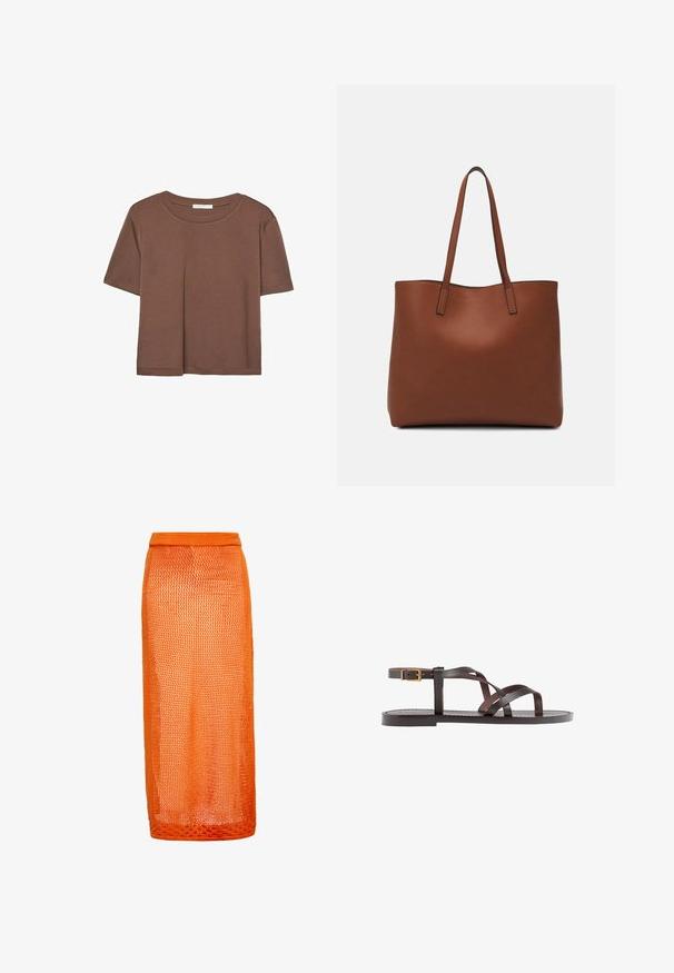 Smeđi kratki rukav majica od mekog materijala, s okruglim izrezom i opuštenim krojem. Nema vidljivih uzoraka ili naglasaka.; Narančasta pletena midi suknja s mrežastim dizajnom. Ima uski pojas i laganu, teksturiranu završnicu.; Smeđe kožne sandale s iskrižanim trakama, umetkom za zapešće s kopčanjem i ravnim potplatom s minimalnim detaljima šivanja.; Smeđa kožna torba preko ramena s glatkom teksturom, otvorenim vrhom i dvjema naramenicama. Ima minimalne šavove i nema vidljivog hardvera.
