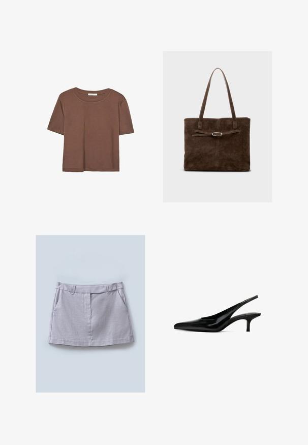 Braunes, kurzärmliges T-Shirt aus weichem Material mit rundem Halsausschnitt und lockerer Passform. Keine sichtbaren Muster oder Akzente.; Grauer Rock mit glatter Textur, flachem Taillenbund, zwei Vorderpockets und geradem Schnitt.; Schwarzer Slingback-Schuh mit spitzem Zehenbereich, glänzender Lederoberfläche und dünnem, niedrigem Absatz. Verfügt über einen Ausschnitt an der Seite für Atmungsaktivität.; Braune Wildleder-Tote-Bag mit langen Griffen, flachem Körper und einem dekorativen Riemen mit silberfarbener Hardware.