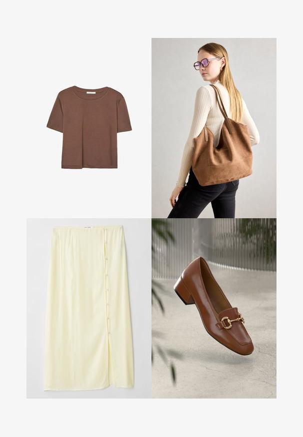 T-shirt marron à manches courtes en tissu doux, avec un col rond et une coupe décontractée. Aucun motif ni accent visible.; Jupe longue, jaune pâle, en tissu doux avec une fente sur le côté et une fermeture à boutons, présentant une texture lisse et une coupe décontractée.; Mocassin en cuir verni marron avec un bout carré, accent de chaîne métallique et petit talon carré ; texture lisse, design minimaliste.; Sac fourre-tout en daim marron avec une texture douce, grande ouverture et longues sangles. Présente un design simple avec des coutures visibles et sans matériel.