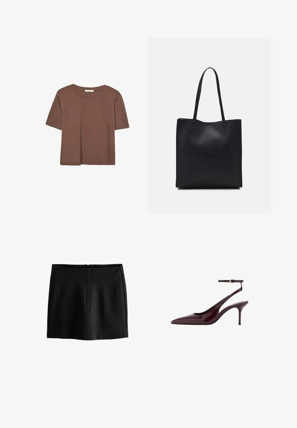 Maglietta a maniche corte marrone realizzata in tessuto morbido, con scollatura rotonda e vestibilità rilassata. Nessun motivo o dettaglio visibile.; Gonna nera a trapezio in tessuto liscio, con cerniera sul retro e dettagli di cucitura minimi. Design semplice senza motivi o decorazioni.; Décolleté slingback in pelle lucida bordeaux con punta affusolata, cinturino sottile alla caviglia e tacco a spillo di media altezza su sfondo bianco.; Borsa tote in pelle nera con texture liscia, forma rettangolare e due manici lunghi. Nessun hardware o decorazione visibile.