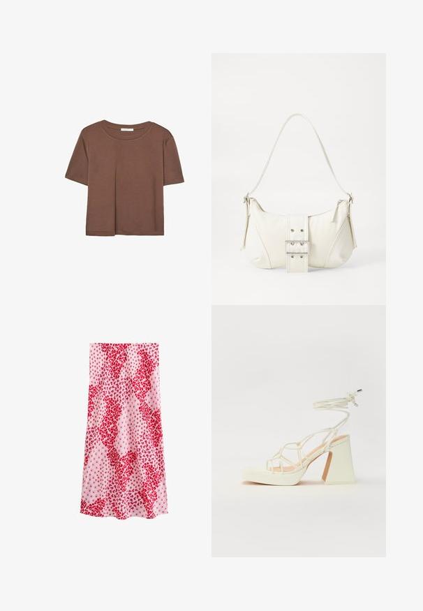 T-shirt marron à manches courtes en tissu doux, avec un col rond et une coupe décontractée. Aucun motif ni accent visible.; Jupe à motif floral présentant des fleurs rouges éclatantes sur un fond blanc. Fabriquée en tissu léger avec un design fluide.; Sandale blanche à talons hauts avec un talon épais, présentant un design à lanières et un lien autour de la cheville. Texture lisse avec une plateforme à l'avant pour une hauteur supplémentaire.; Sac à épaule blanc avec une finition texturée, une accentuation par une boucle centrale et une forme courbée. Fermetures éclair des deux côtés.